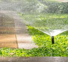 Sprinkler watering grass and sidewalk