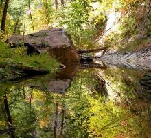 small body of water with the surrounding landscape reflecting in the still water