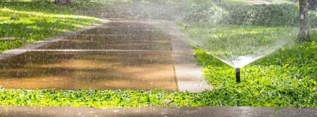 Sprinkler watering grass and sidewalk
