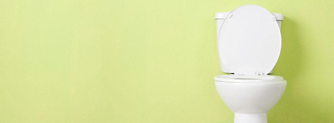 Toilet in front of a pea green wall
