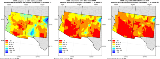 Example Grass-Cast maps for the Southwest (made on August 11, 2020), which estimate peak standing biomass (lbs/acre), compared to an area’s historical (36- yr) average, for the summer growing season under three different precipitation scenarios: Above Normal (left), Near Normal (center), or Below Normal (right).